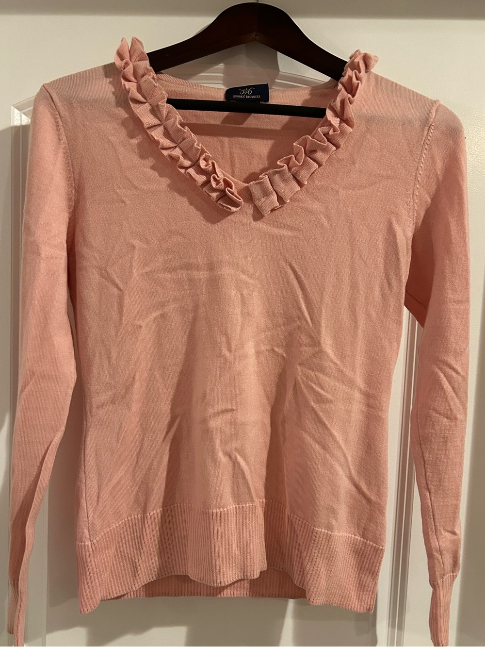 Brooks Brothers Blush Pink Ruffle V-Neck Sweater